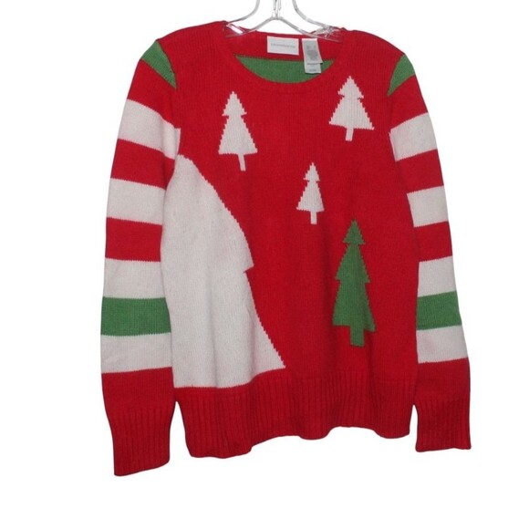 Liz Claiborne Long Sleeve Holiday Christmas Sweater Striped with Trees Sz L - Picture 2 of 5